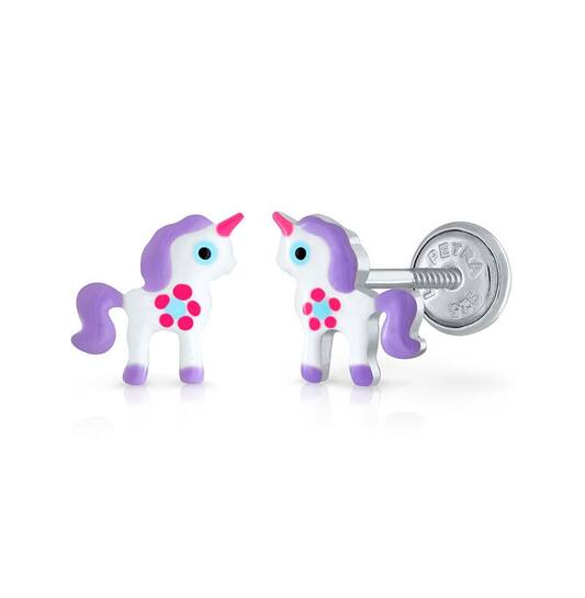 Zilveren kinderoorbellen eenhoorn/unicorn paars |schroefsluiting Lapetra - Staartjes en Strikjes