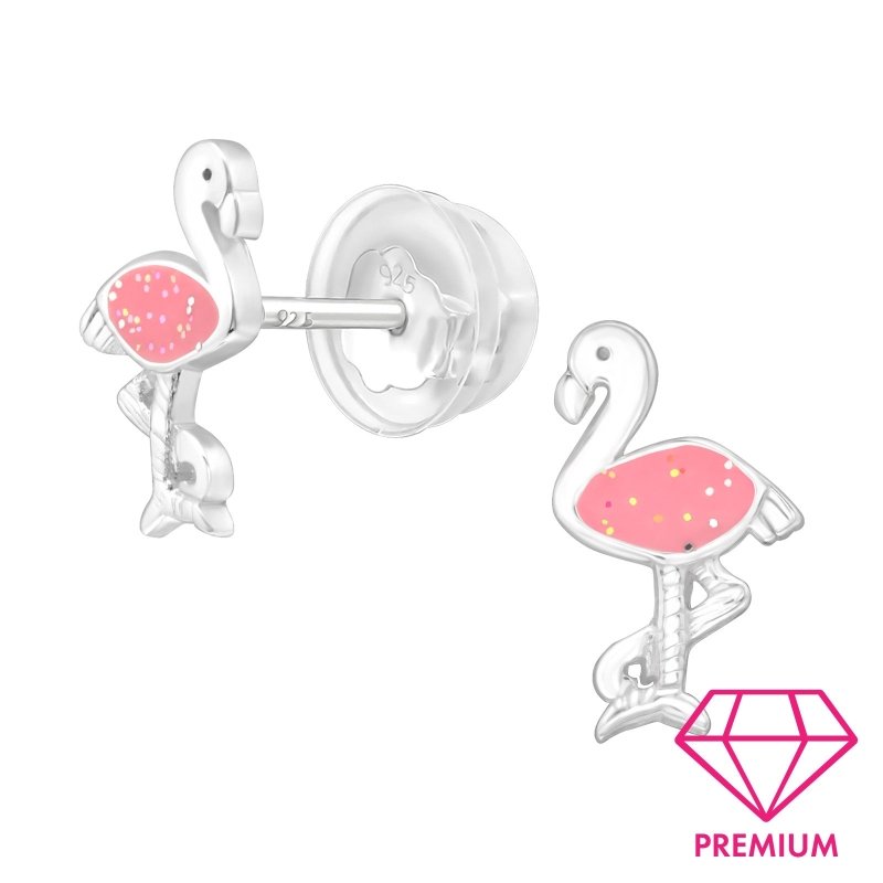 Zilveren kinderoorbellen flamingo glitter - Staartjes en Strikjes