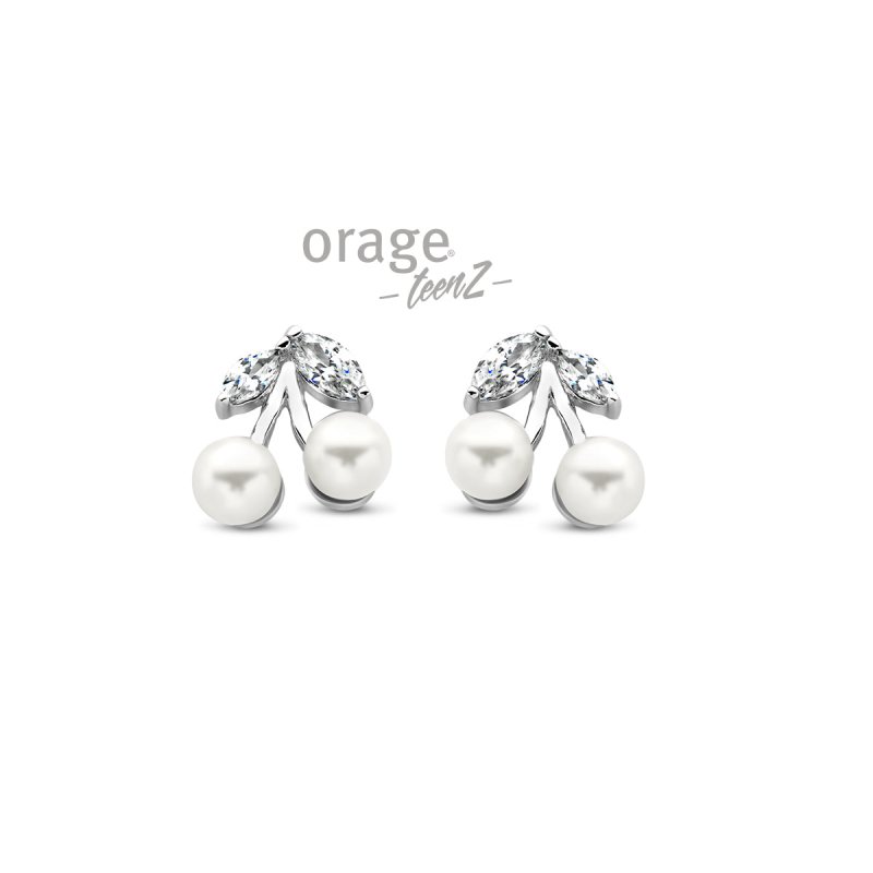 Zilveren kinderoorbellen kersjes met pareltjes Orage Teenz - Staartjes en Strikjes