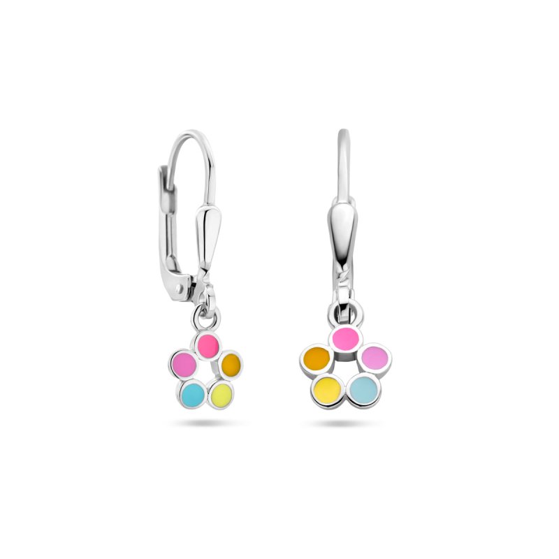 Zilveren kinderoorbellen met hangertjes bloemetje multicolor - Staartjes en Strikjes