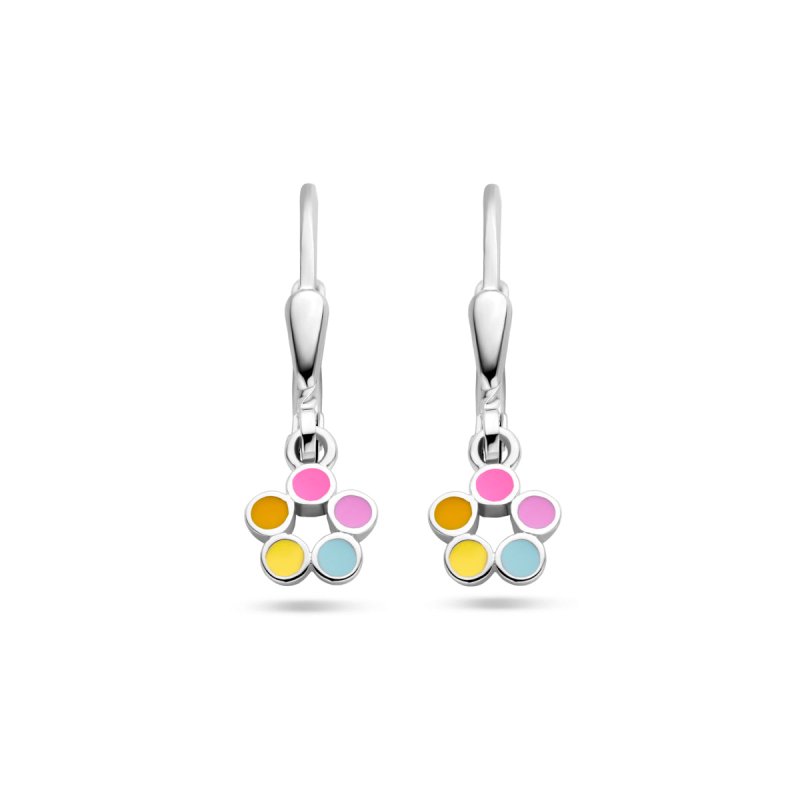 Zilveren kinderoorbellen met hangertjes bloemetje multicolor - Staartjes en Strikjes