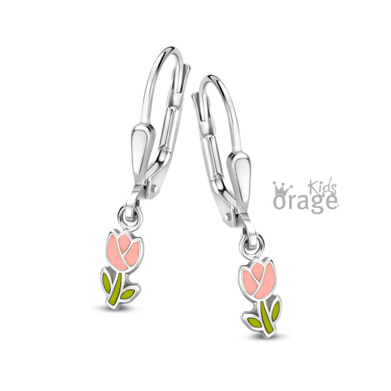 Zilveren kinderoorbellen met hangertjes bloemetjes roze Orage Kids - Staartjes en Strikjes