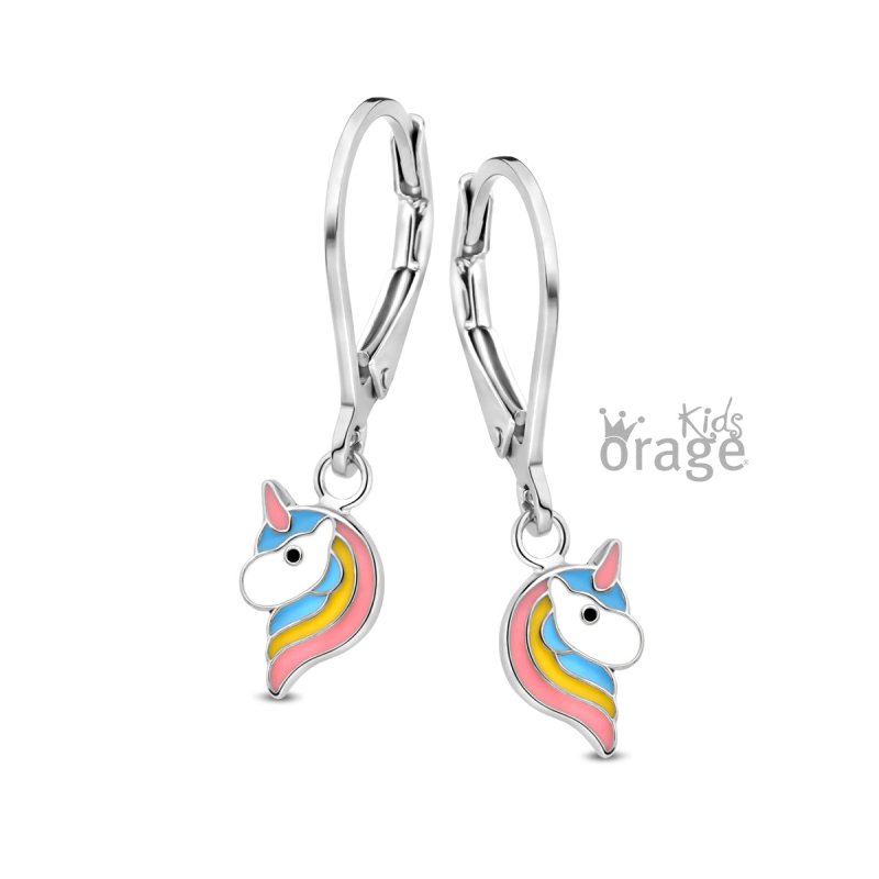 Zilveren kinderoorbellen met hangertjes eenhoorn multicolor Orage Kids - Staartjes en Strikjes