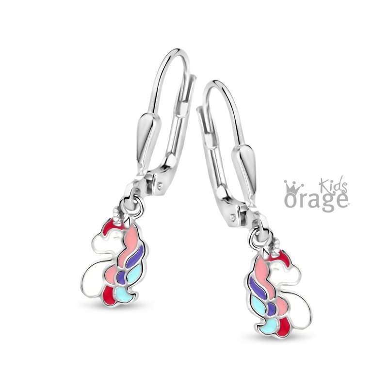 Zilveren kinderoorbellen met hangertjes eenhoorn multicolor Orage Kids - Staartjes en Strikjes