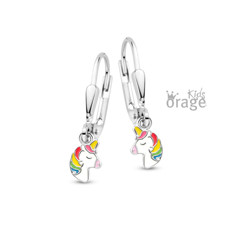 Zilveren kinderoorbellen met hangertjes eenhoorn/unicorn wit Orage Kids - Staartjes en Strikjes