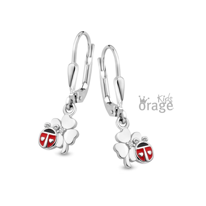 Zilveren kinderoorbellen met hangertjes lieveheersbeestje klaver Orage Kids - Staartjes en Strikjes