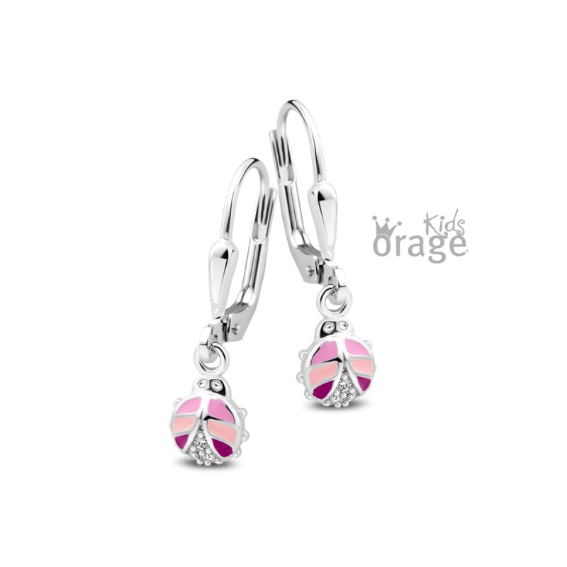 Zilveren kinderoorbellen met hangertjes lieveheersbeestje roze/paars Orage Kids - Staartjes en Strikjes