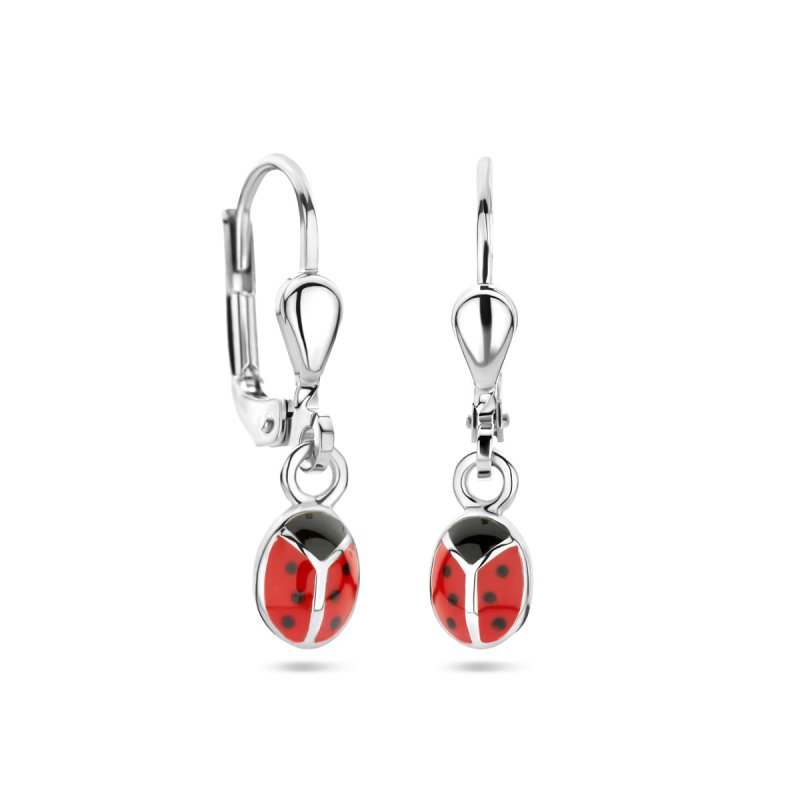 Zilveren kinderoorbellen met hangertjes lieveheersbeestjes - Staartjes en Strikjes