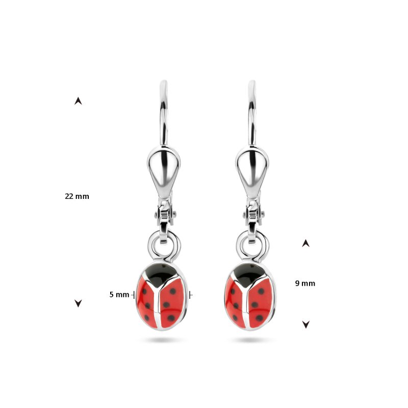 Zilveren kinderoorbellen met hangertjes lieveheersbeestjes - Staartjes en Strikjes