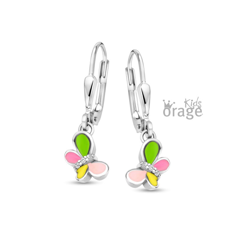 Zilveren kinderoorbellen met hangertjes vlindertjes roze/groen/geel Orage Kids - Staartjes en Strikjes