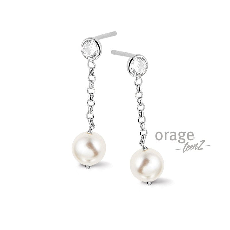 Zilveren kinderoorbellen oorhangers zirconia met parelknopje Orage Teenz - Staartjes en Strikjes