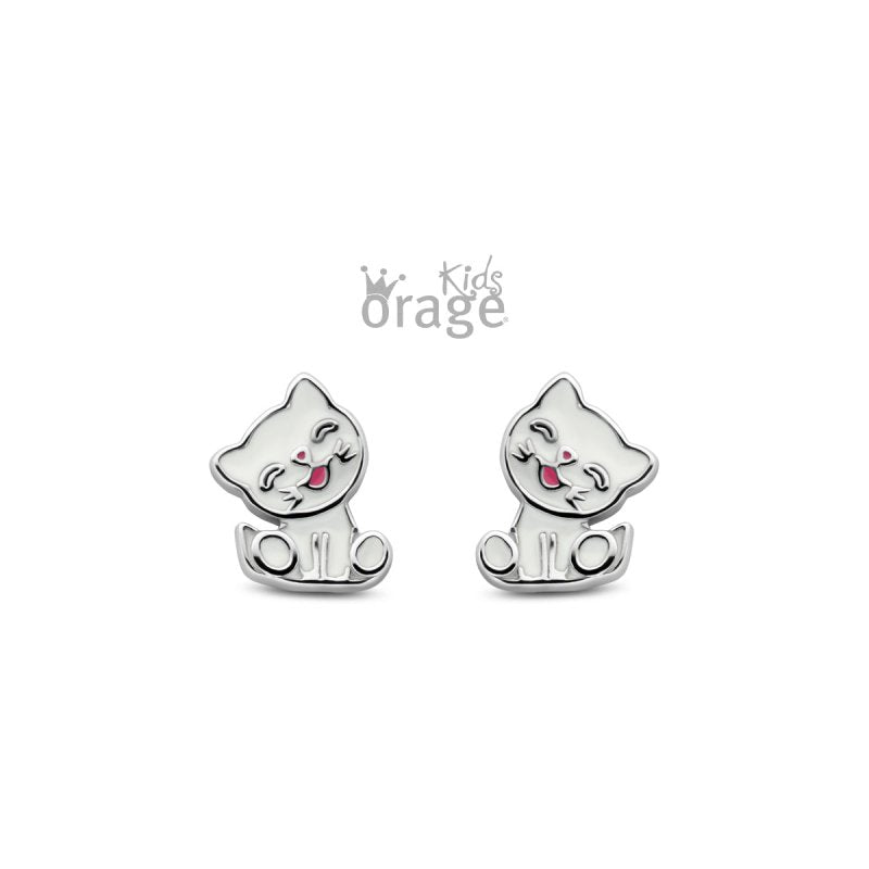 Zilveren kinderoorbellen poes/kat wit Orage Kids - Staartjes en Strikjes