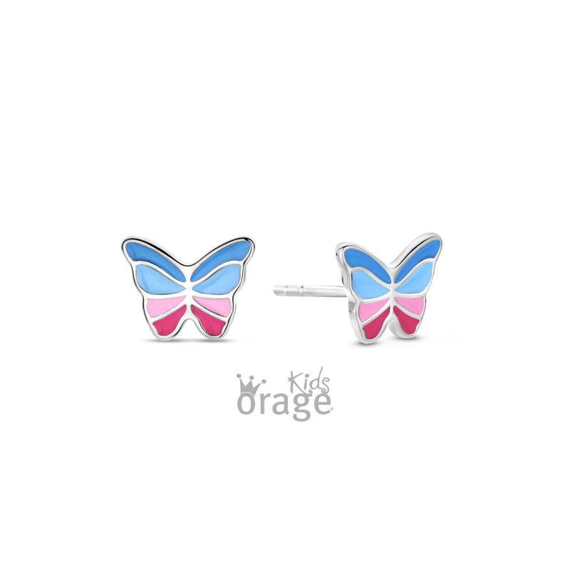 Zilveren kinderoorbellen vlinder blauw/roze Orage kids - Staartjes en Strikjes