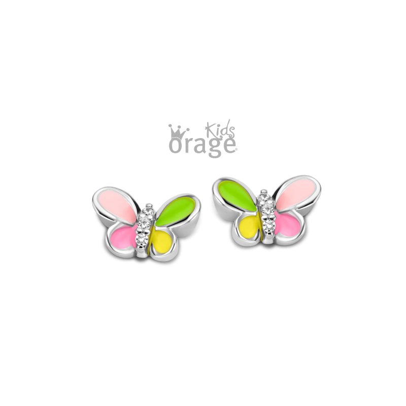 Zilveren kinderoorbellen vlindertjes roze/groen/geel Orage Kids - Staartjes en Strikjes
