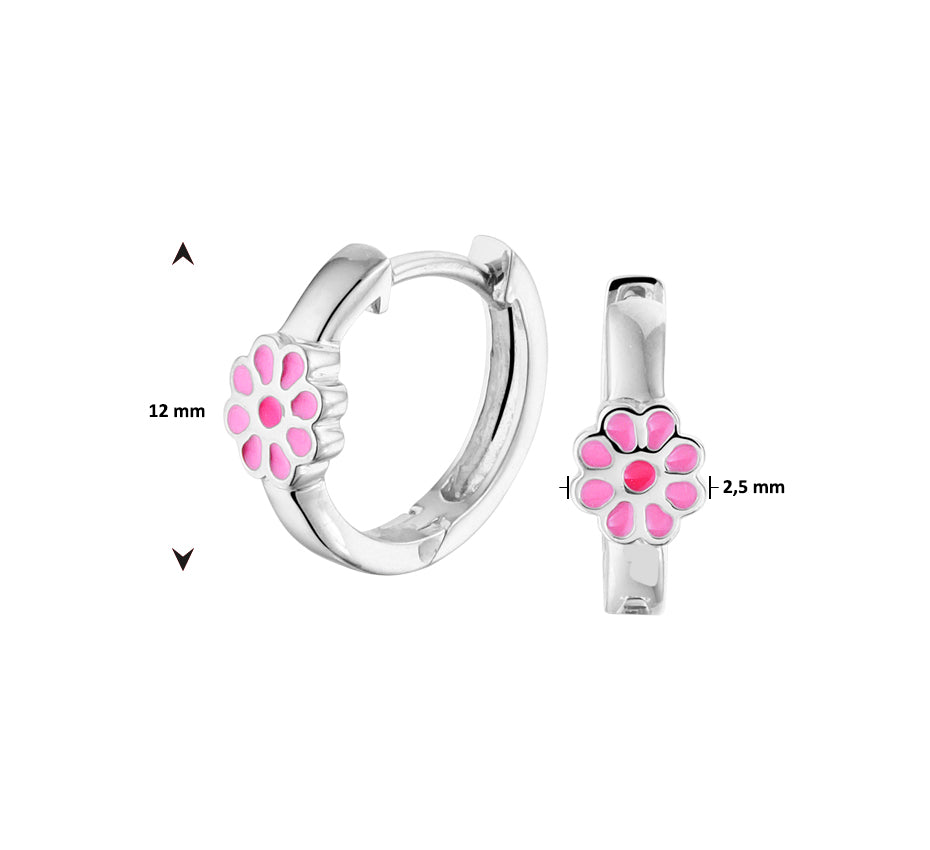 Zilveren kinderoorbellen creolen/oorringen bloemetje roze