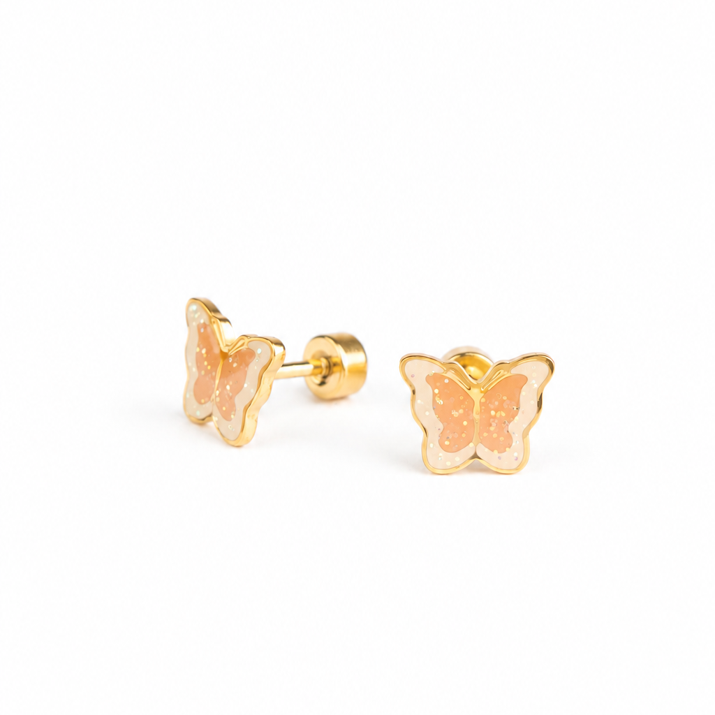 Hypoallergene kinderoorbellen goldplated Glitter Butterfly | schroefsluiting