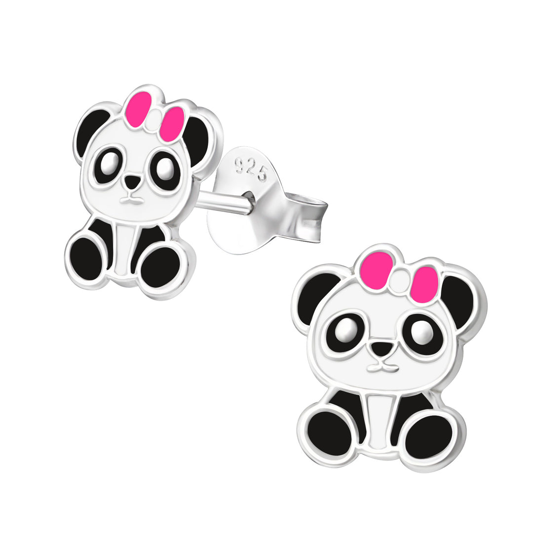 Silberne Kinderohrringe Panda mit rosa Schleife