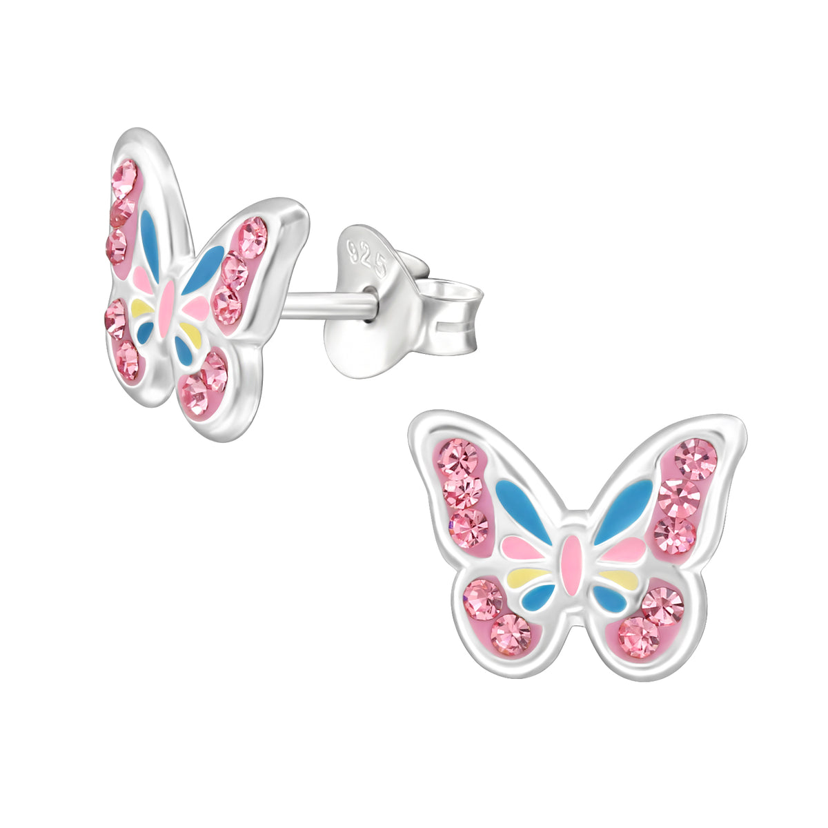 Silberne Kinderohrringe Schmetterling rosa/blau/gelb