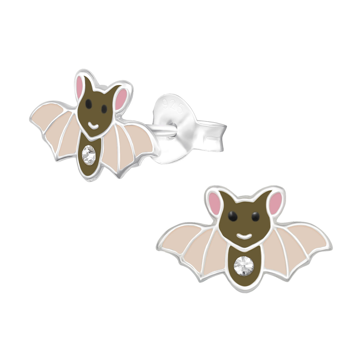 Zilveren kinderoorbellen Halloween vleermuis bruin/roze