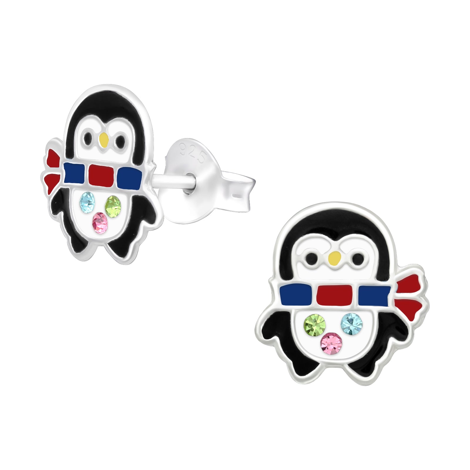 Silberne Kinderohrringe Pinguin mit farbigen Kristallen