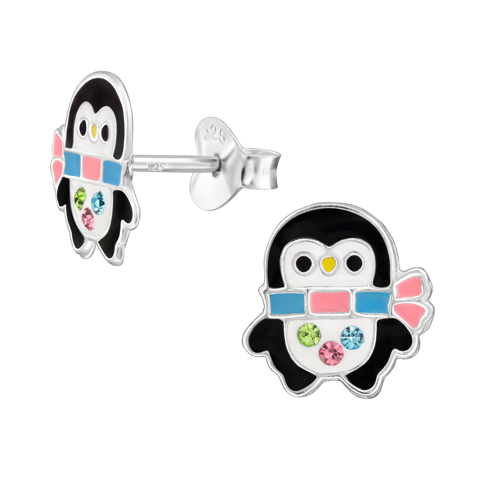 Zilveren kinderoorbellen pinguin met sjaaltje