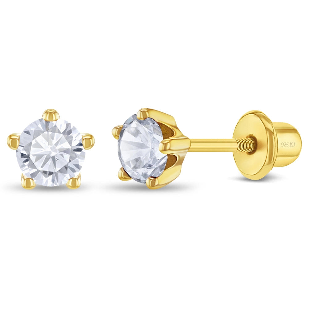Zilveren kinderoorbellen goldplated knopje zirconia | schroefsluiting