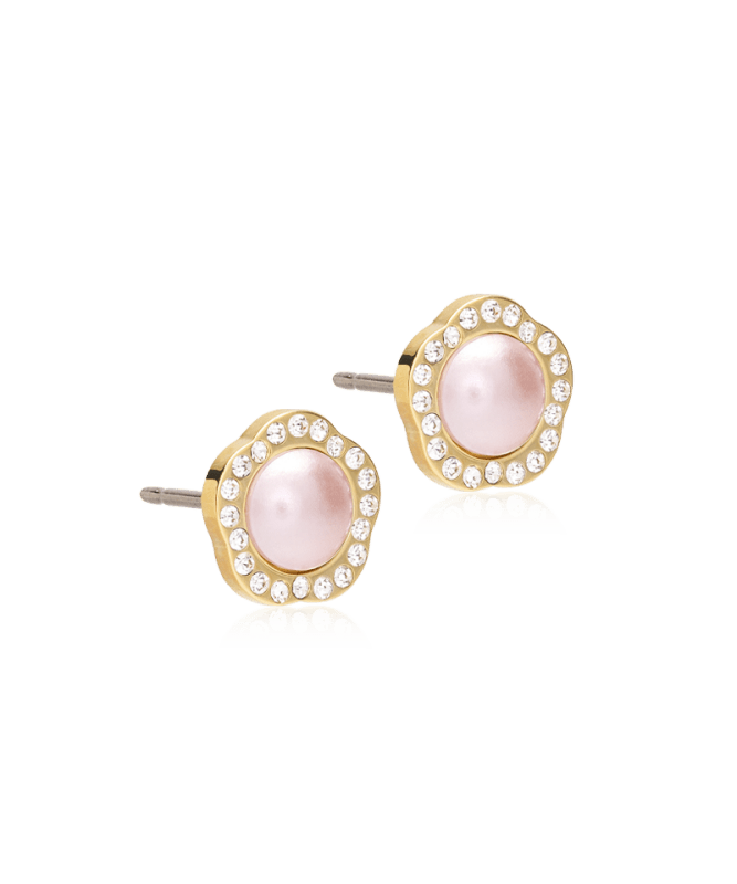 Blomdahl titanium goudkleurige knopjes fancy lichtroze parel met crystal – 8 mm - Staartjes en Strikjes