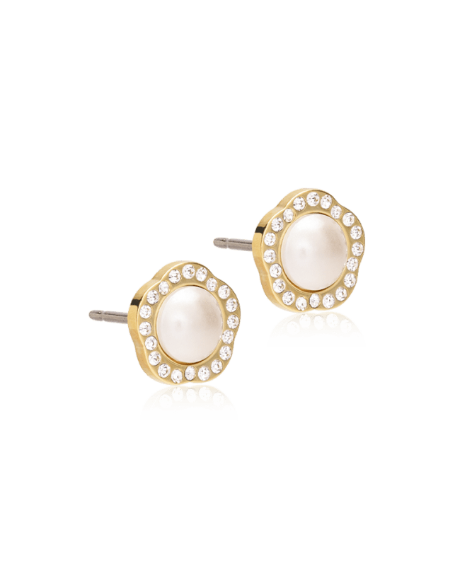 Blomdahl titanium goudkleurige knopjes fancy parel met crystal – 8 mm - Staartjes en Strikjes