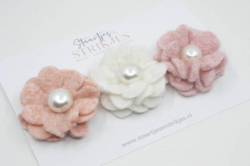 Cadeausetje haarspeldjes Wool Flower Pink - Staartjes en Strikjes
