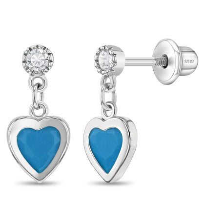 Silberne Kinderohrringe Herz-Anhänger blau | Schraubverschluss