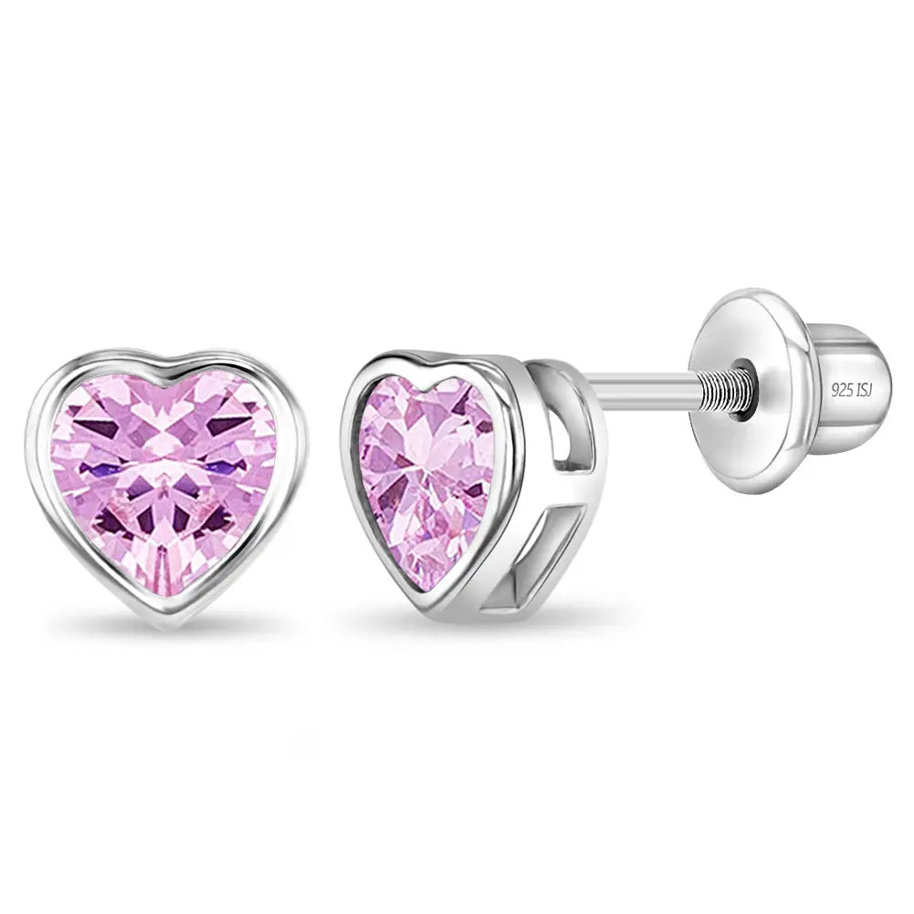 Zilveren kinderoorbellen hartjes roze zirconia | schroefsluiting