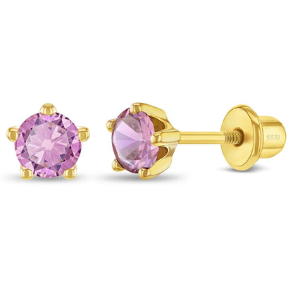 Zilveren kinderoorbellen goldplated knopje lichtroze zirconia | schroefsluiting
