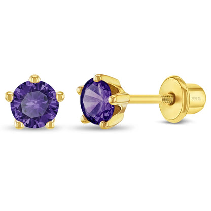 Zilveren kinderoorbellen goldplated knopje paars zirconia | schroefsluiting