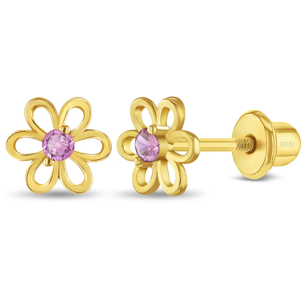 Zilveren kinderoorbellen goldplated bloemetje roze zirconia | schroefsluiting
