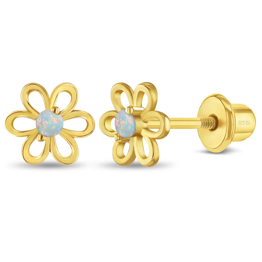 Zilveren kinderoorbellen goldplated bloemetje opaal look | schroefsluiting