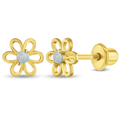 Zilveren kinderoorbellen goldplated bloemetje opaal look | schroefsluiting