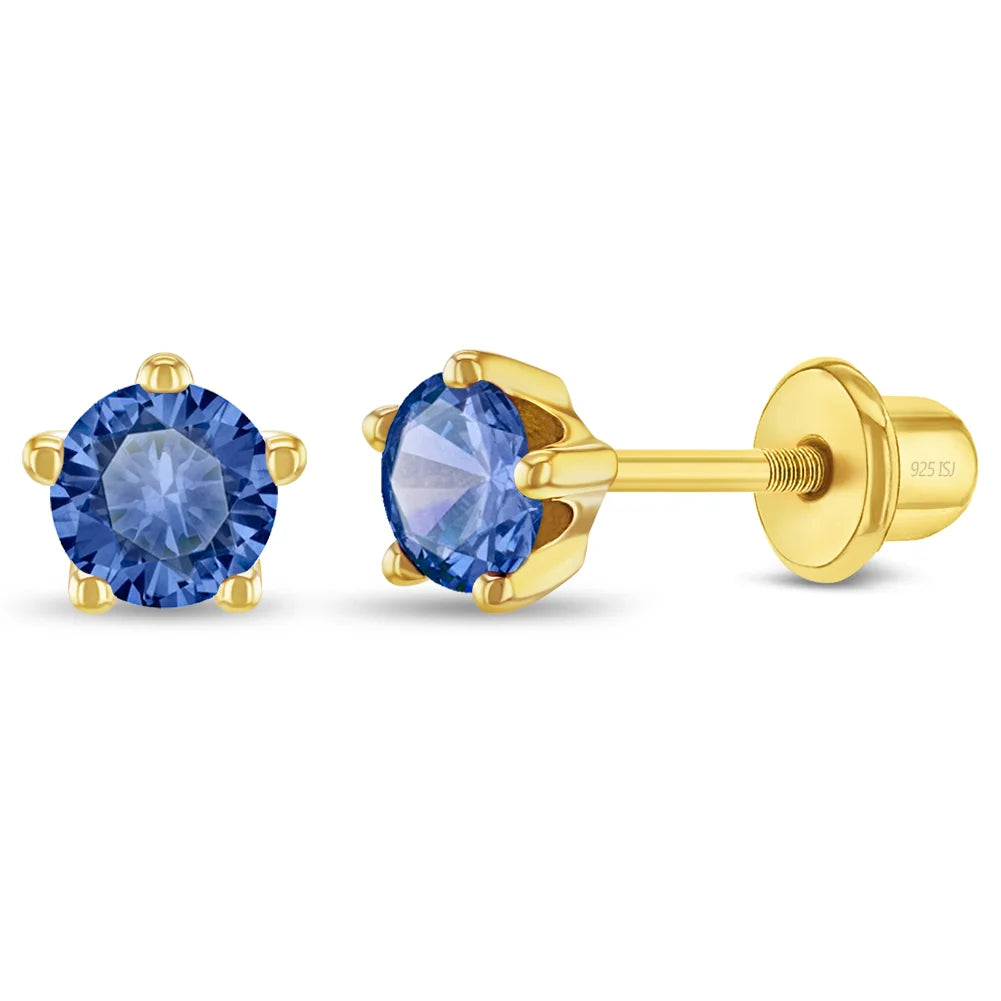 Zilveren kinderoorbellen goldplated knopje saffier blauw zirconia | schroefsluiting