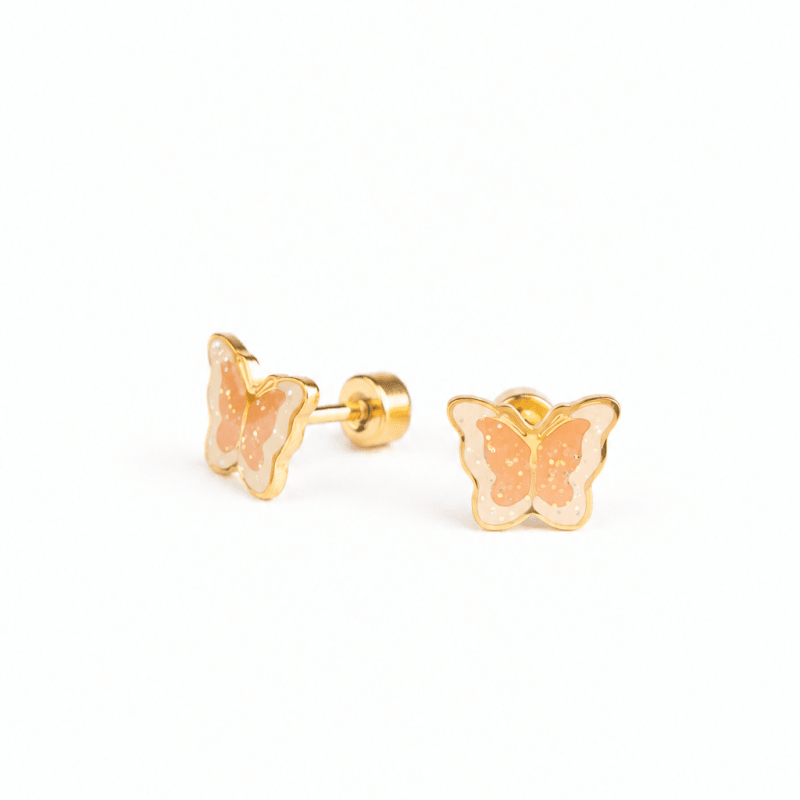 Hypoallergene kinderoorbellen goldplated Glitter Butterfly | schroefsluiting - Staartjes en Strikjes
