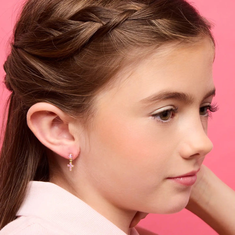Hypoallergene kinderoorbellen luxe hangertjes kruisjes roze - Staartjes en Strikjes