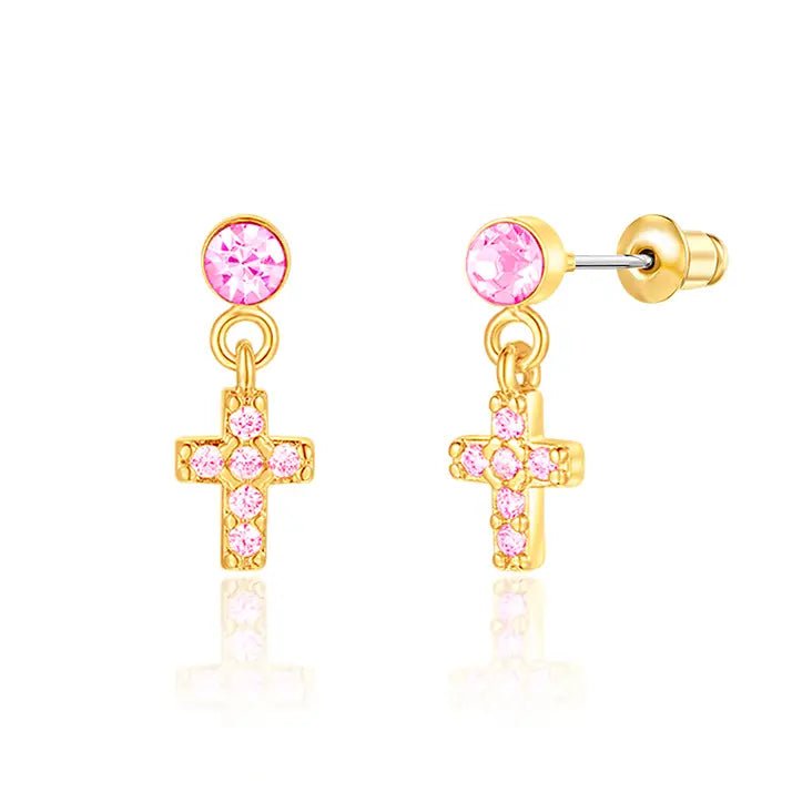 Hypoallergene kinderoorbellen luxe hangertjes kruisjes roze - Staartjes en Strikjes