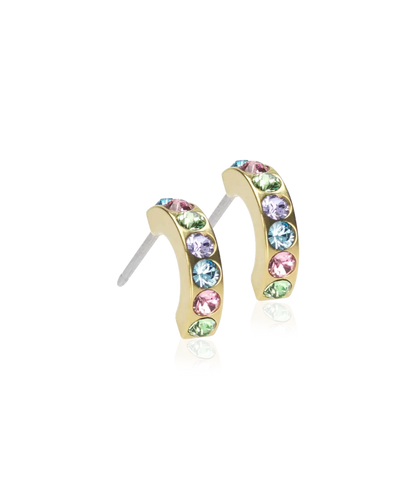 Oorbellen Blomdahl titanium boogje goudkleurig met gekleurde crystal steentjes 10 mm. (incl. achterkantjes) - Staartjes en Strikjes