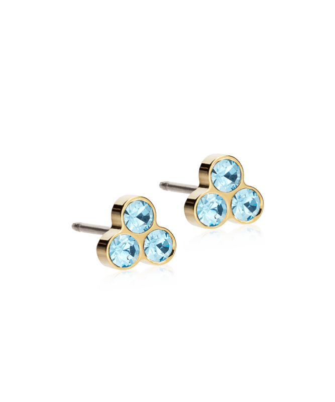 Oorbellen Blomdahl titanium goudkleurig aqua klavertje - 6 mm. - Staartjes en Strikjes
