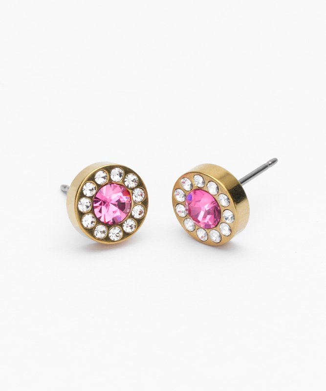 Oorbellen Blomdahl titanium goudkleurig rondje crystal roze 8 mm. (incl. achterkantjes) - Staartjes en Strikjes