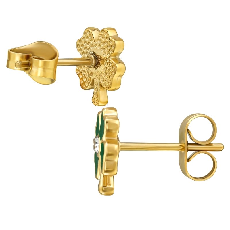 Oorbellen chirurgisch staal klavertje vier gold plated / groen - Staartjes en Strikjes