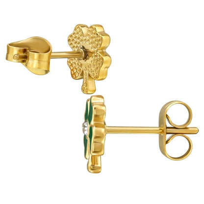 Oorbellen chirurgisch staal klavertje vier gold plated / groen - Staartjes en Strikjes