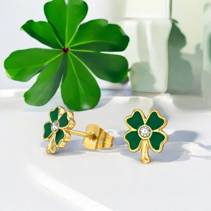 Oorbellen chirurgisch staal klavertje vier gold plated / groen - Staartjes en Strikjes