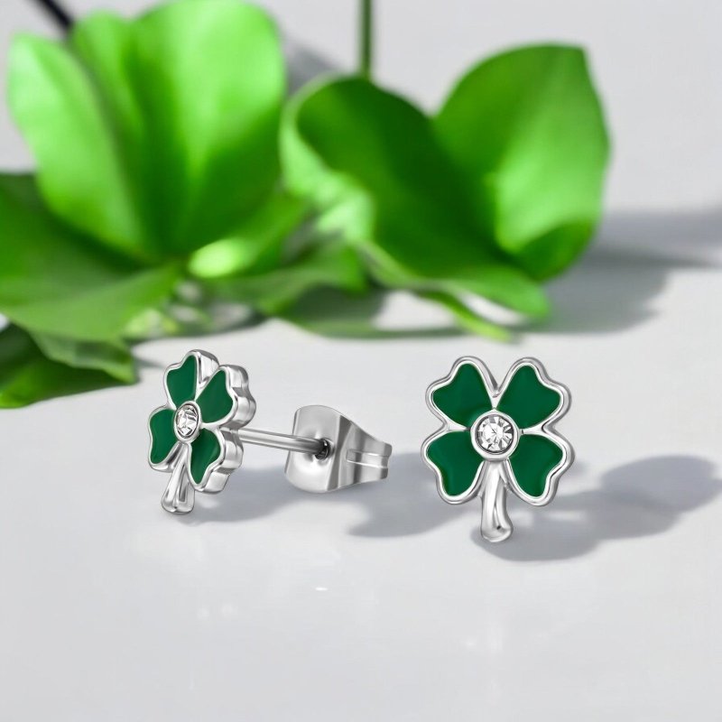 Oorbellen chirurgisch staal klavertje vier / groen - Staartjes en Strikjes