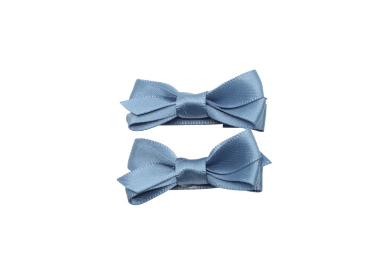 Setje kleine alligator haarspeldjes met strikje satijn antiek blauw - Staartjes en Strikjes