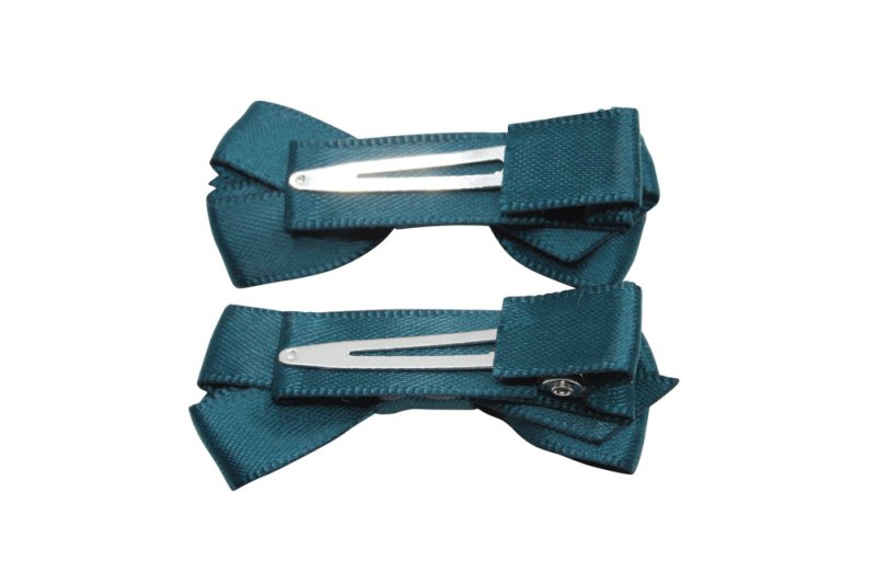 Setje kleine alligator haarspeldjes met strikje - teal satijn - Staartjes en Strikjes