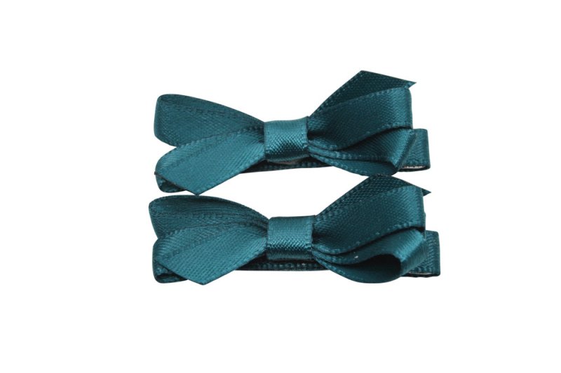 Setje mini alligator haarspeldjes met strikje - teal satijn - Staartjes en Strikjes